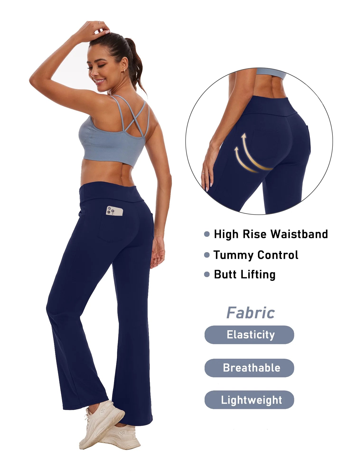 Womens Bootcut Yoga Pants Flare Workout Legging with Pockets High Waist Lightweight Bottoms Activewear Navy Blue 2XL