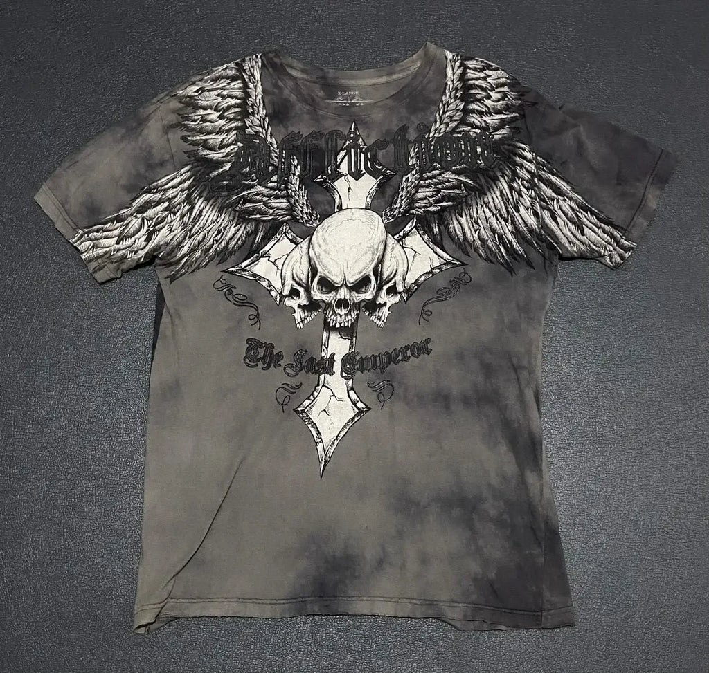 Gothic Vintage Distressed T-Shirt Two-in-One Skeleton Print Layered Top Y2K Retro Streetwear Loose Fit Harajuku Fashion Tee