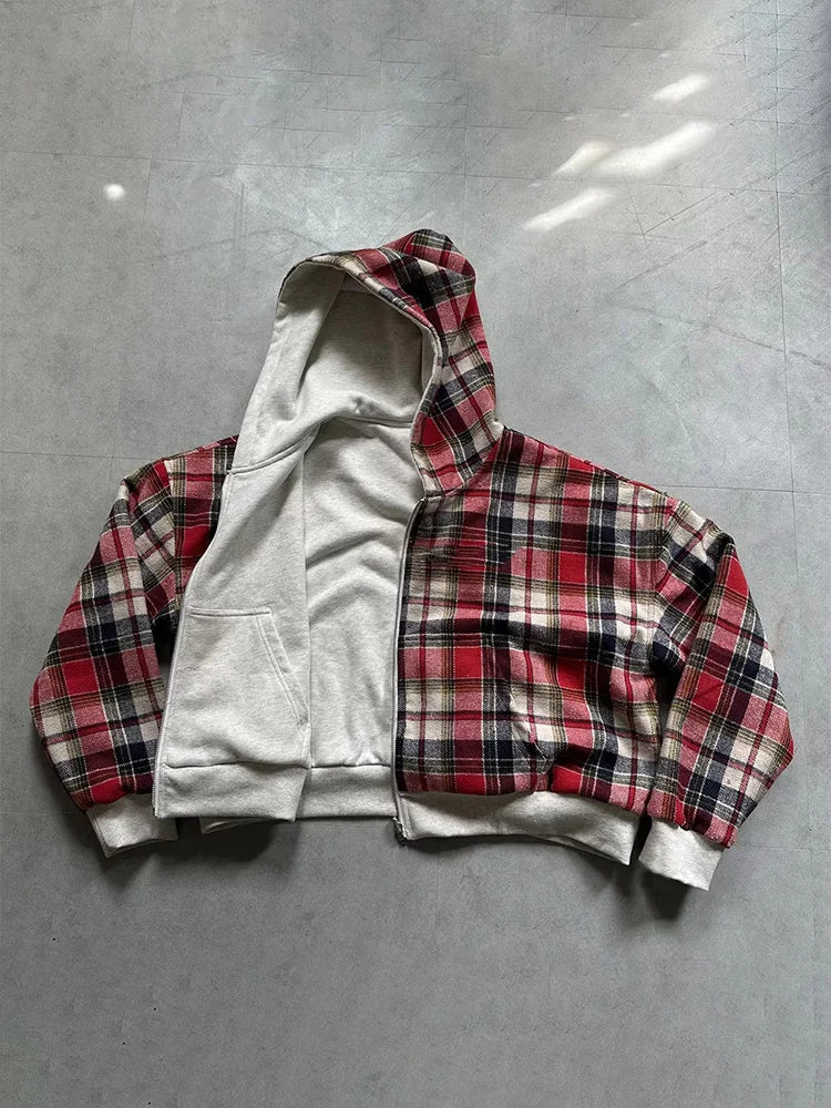 Winter Casual Plaid Print Hoodie Women's Warm Zip-Up Double-Sided Wear Sweatshirt Female Fashion Trendy Loose Hooded 2025 New