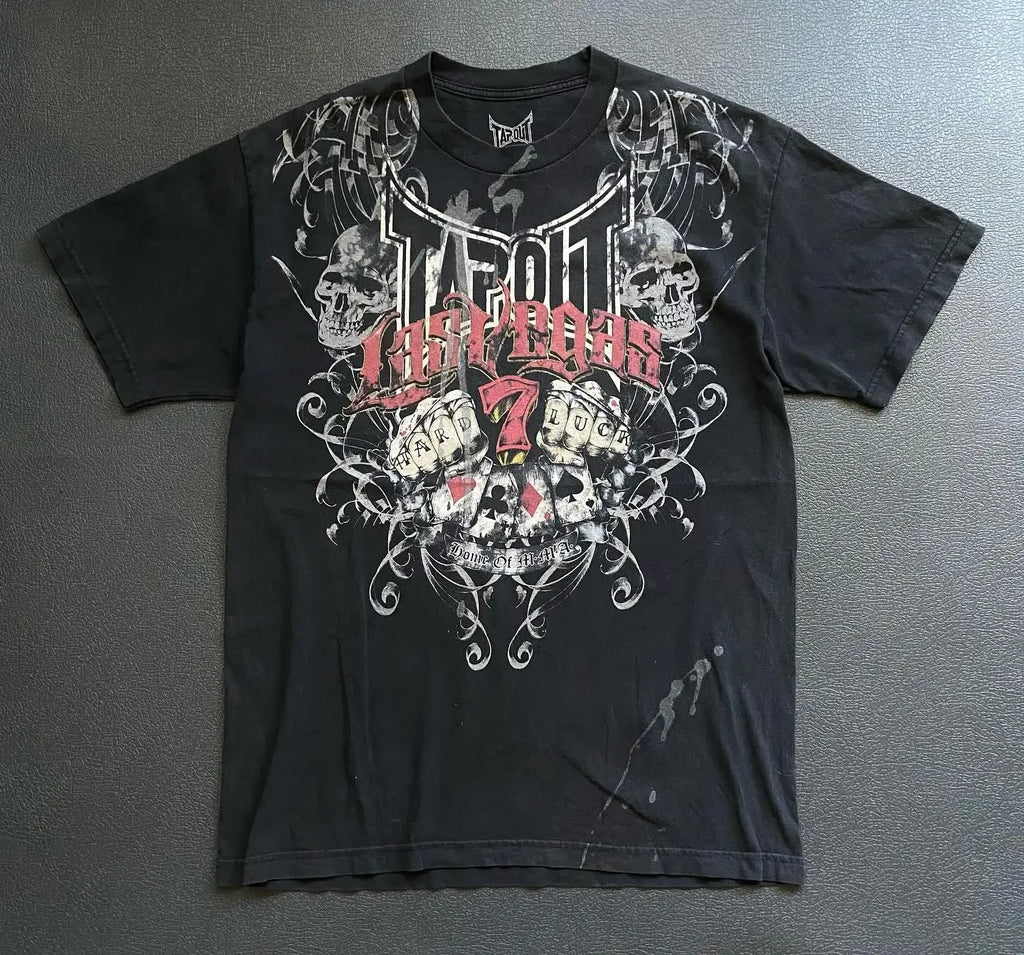 Gothic Vintage Distressed T-Shirt Two-in-One Skeleton Print Layered Top Y2K Retro Streetwear Loose Fit Harajuku Fashion Tee