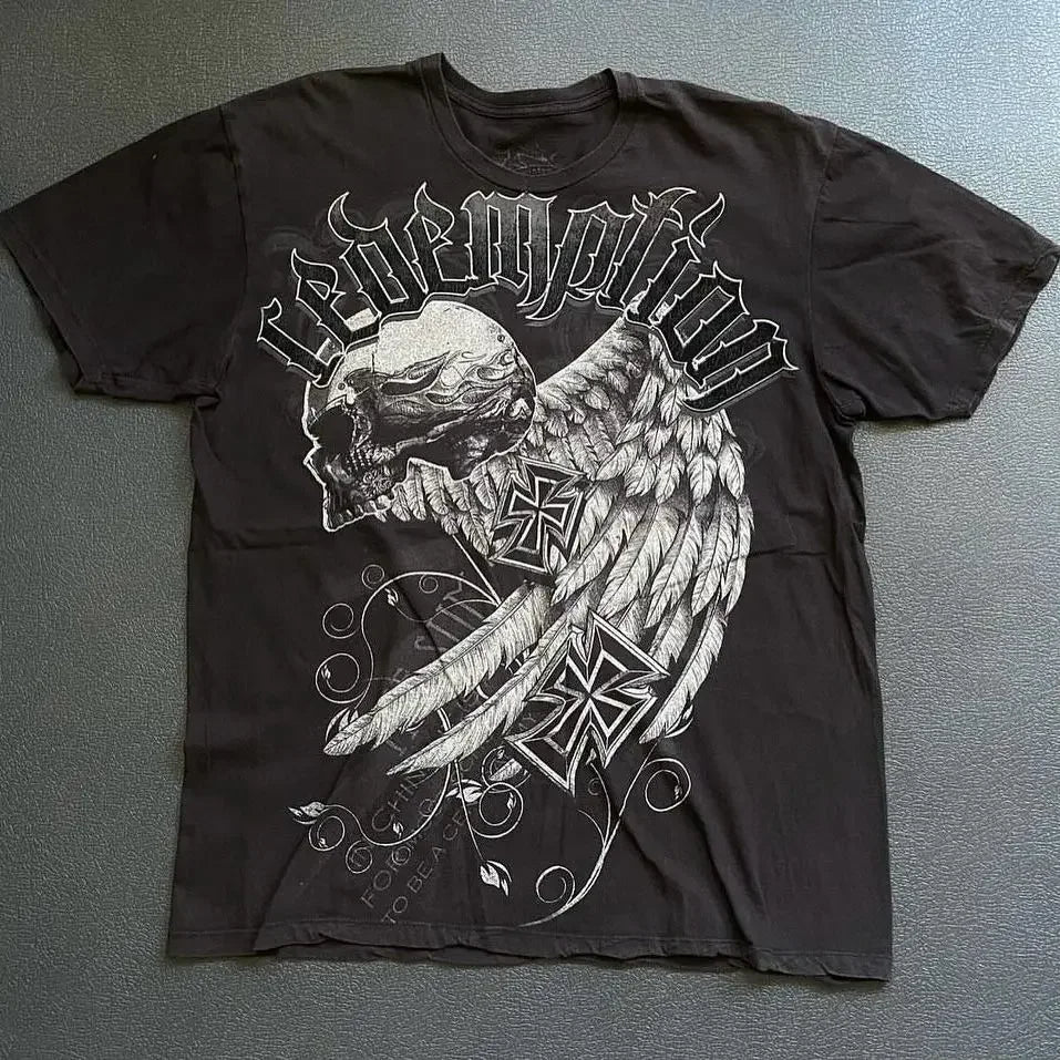 Gothic Vintage Distressed T-Shirt Two-in-One Skeleton Print Layered Top Y2K Retro Streetwear Loose Fit Harajuku Fashion Tee