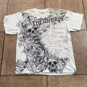 Gothic Vintage Distressed T-Shirt Two-in-One Skeleton Print Layered Top Y2K Retro Streetwear Loose Fit Harajuku Fashion Tee