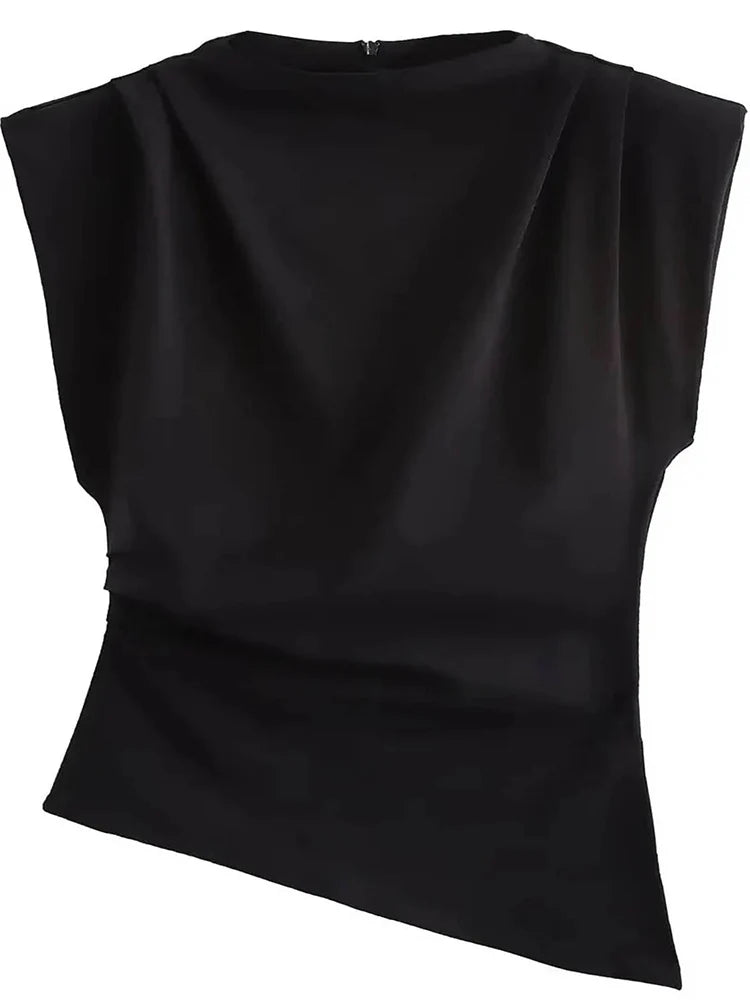 Fashion Shoulderless Top European American Style Simple Pleated Decorative New Top