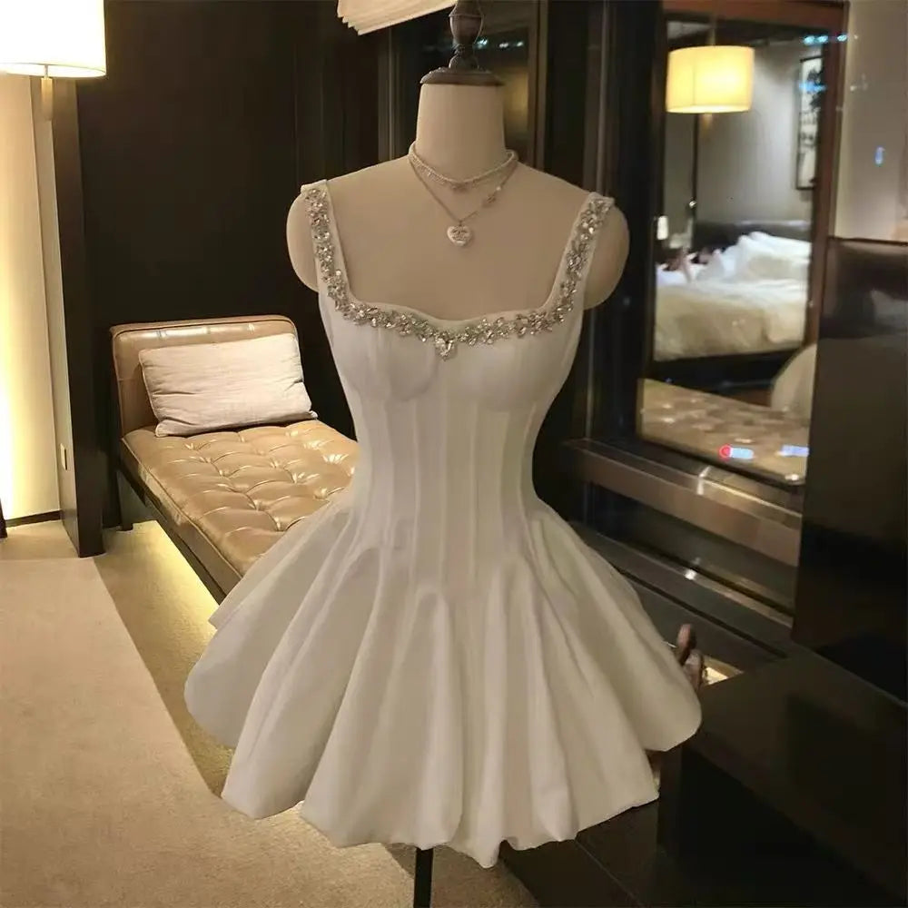 Summer New Vintage Elegant Woman Dress Strapless Bow Patchwork High Waist Puffy Mini Dress Female French Chic Sexy Outfits 2025
