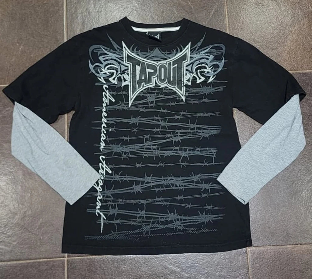 Gothic Vintage Distressed T-Shirt Two-in-One Skeleton Print Layered Top Y2K Retro Streetwear Loose Fit Harajuku Fashion Tee