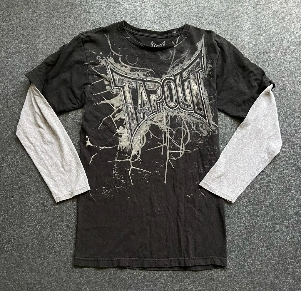 Gothic Vintage Distressed T-Shirt Two-in-One Skeleton Print Layered Top Y2K Retro Streetwear Loose Fit Harajuku Fashion Tee