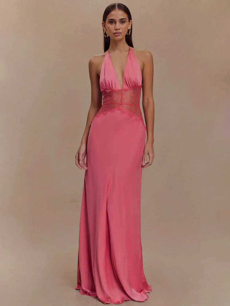 Mozision Summer Backless Sexy Maxi Dress Women Gown Patchwork Lace Halter Deep V Neck Sleeveless High Waist Elegant Long Dress