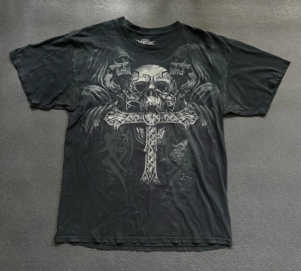 Gothic Vintage Distressed T-Shirt Two-in-One Skeleton Print Layered Top Y2K Retro Streetwear Loose Fit Harajuku Fashion Tee