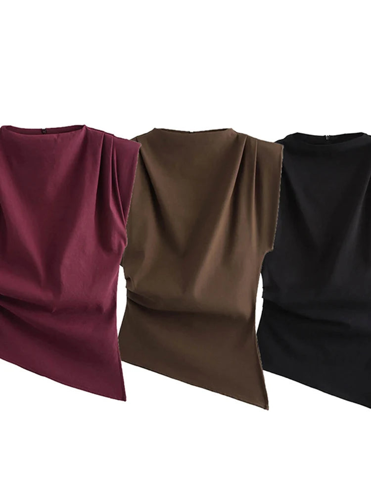 Fashion Shoulderless Top European American Style Simple Pleated Decorative New Top