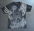 Gothic Vintage Distressed T-Shirt Two-in-One Skeleton Print Layered Top Y2K Retro Streetwear Loose Fit Harajuku Fashion Tee