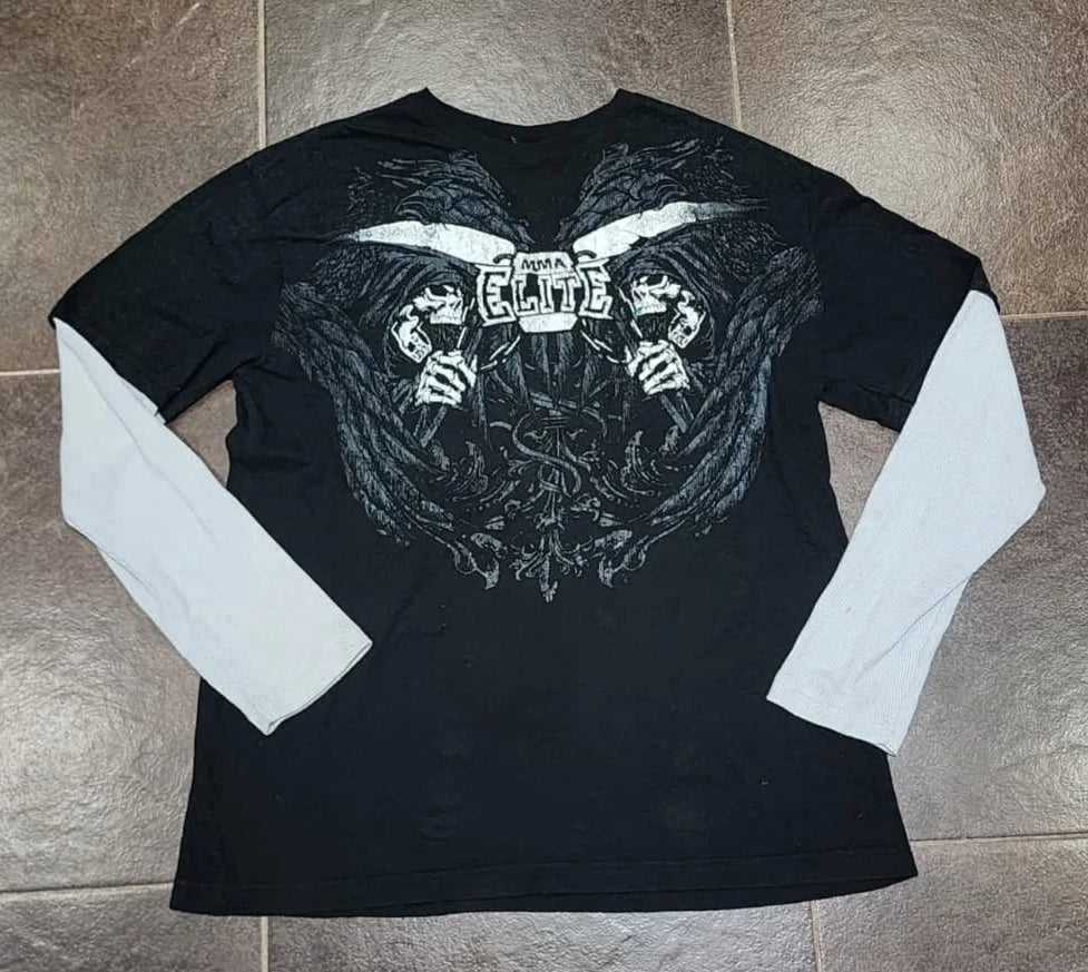 Gothic Vintage Distressed T-Shirt Two-in-One Skeleton Print Layered Top Y2K Retro Streetwear Loose Fit Harajuku Fashion Tee