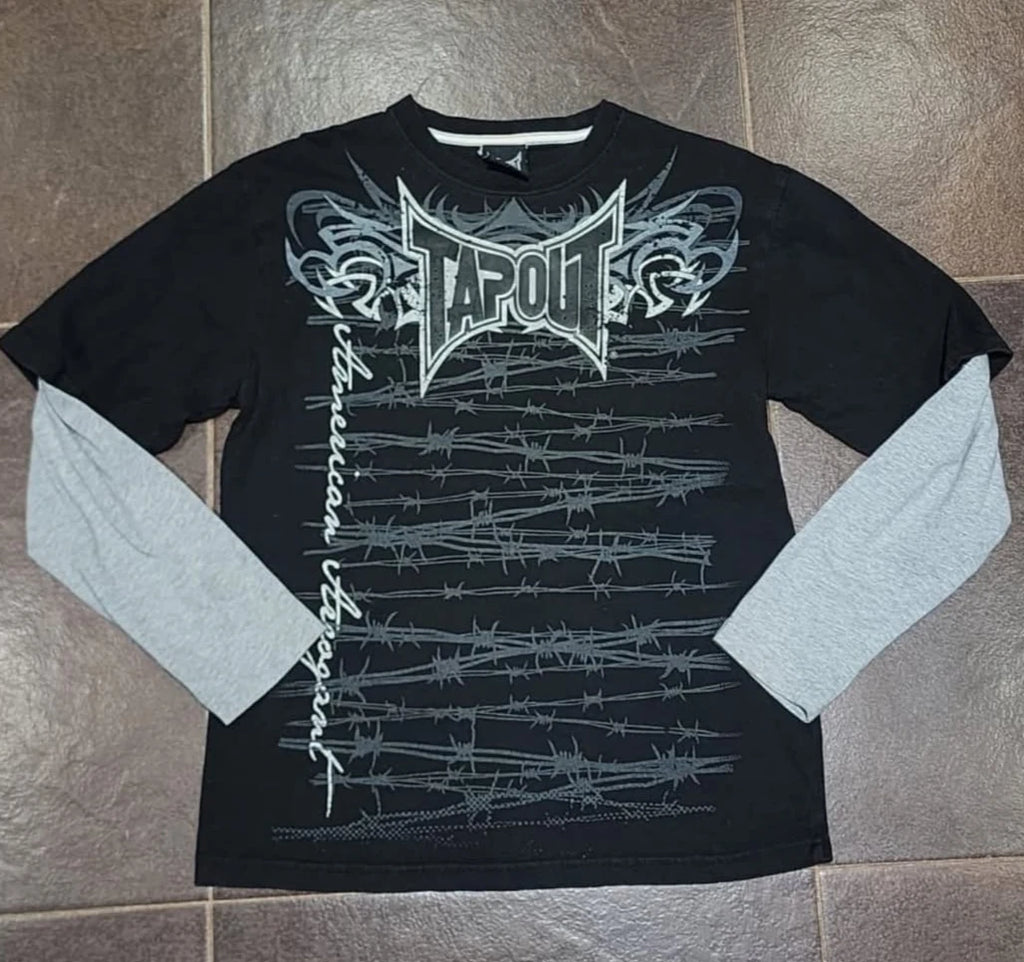 Gothic Vintage Distressed T-Shirt Two-in-One Skeleton Print Layered Top Y2K Retro Streetwear Loose Fit Harajuku Fashion Tee