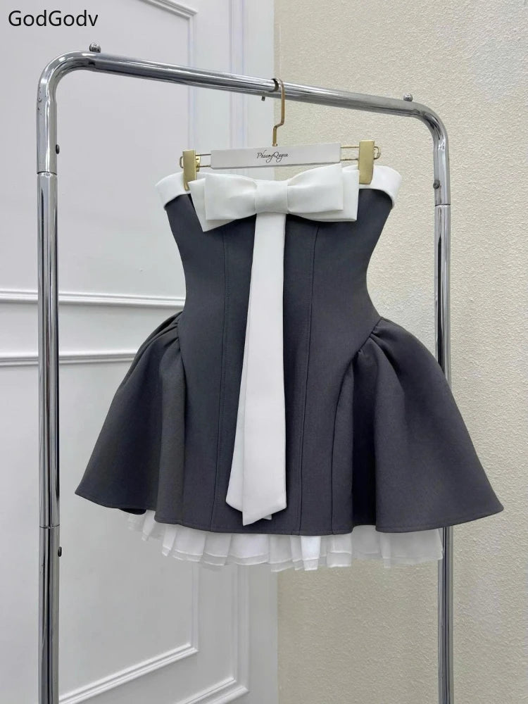 Summer New Vintage Elegant Woman Dress Strapless Bow Patchwork High Waist Puffy Mini Dress Female French Chic Sexy Outfits 2025
