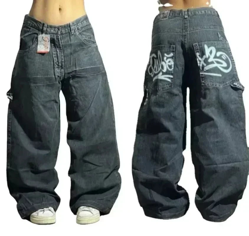 American Street Trend Letter Embroidered Loose Jeans Men Harajuku Y2K New Hip Hop Oversized Wide-leg Pants Unisex Mopping Jeans