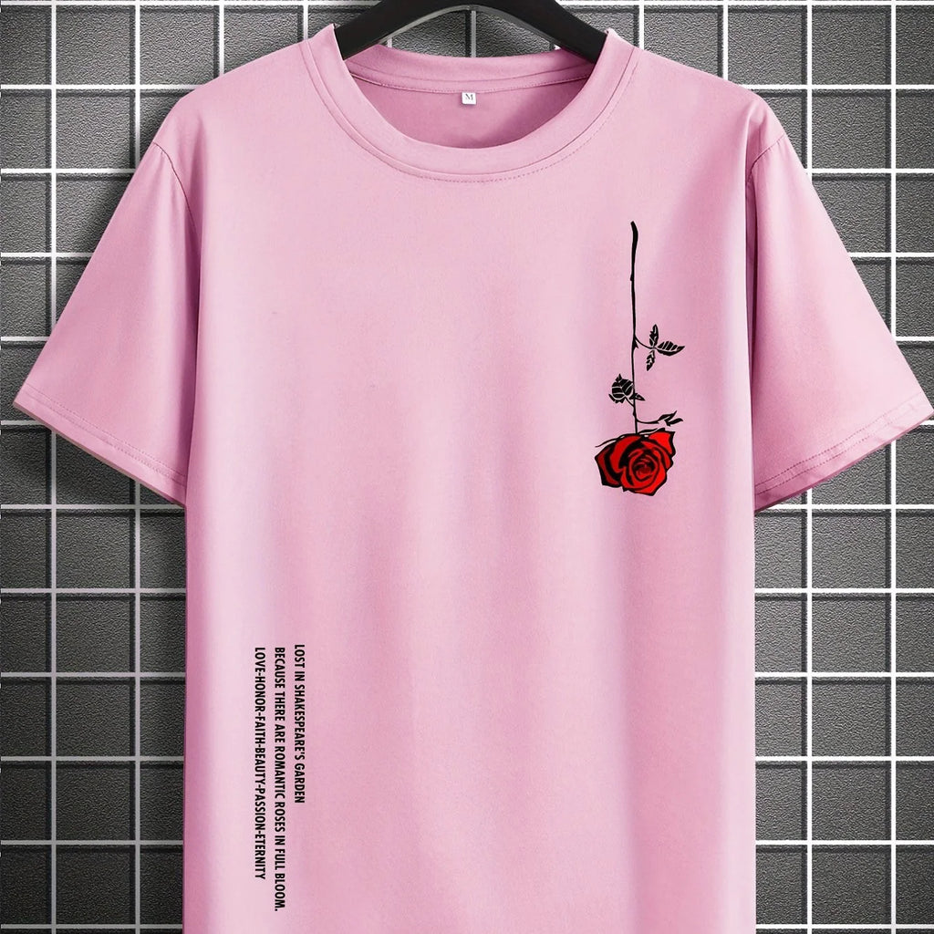 Men's Summer Loose Size 100% Cotton Rose Print Casual Slim Fit Round Neck Short Sleeve T-shirt Top