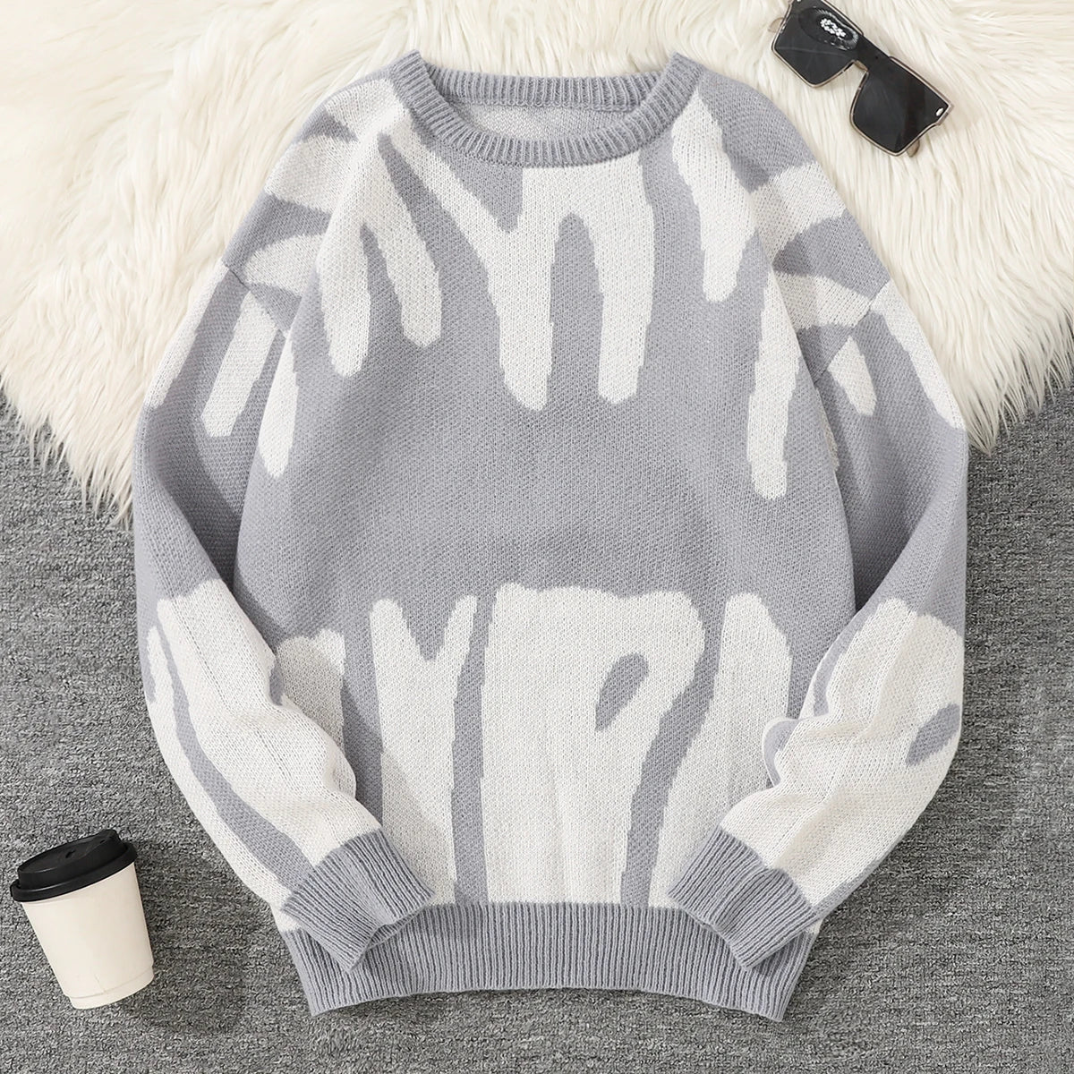New Popular Autumn Winter Irregular Jacquard Pattern Pullover Sweater Casual Round Neck Contrast Color Knitted Men's Pullover
