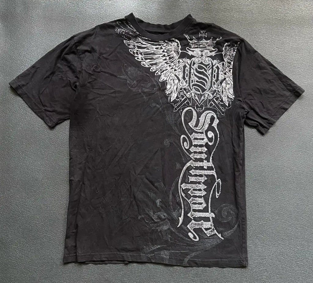 Gothic Vintage Distressed T-Shirt Two-in-One Skeleton Print Layered Top Y2K Retro Streetwear Loose Fit Harajuku Fashion Tee