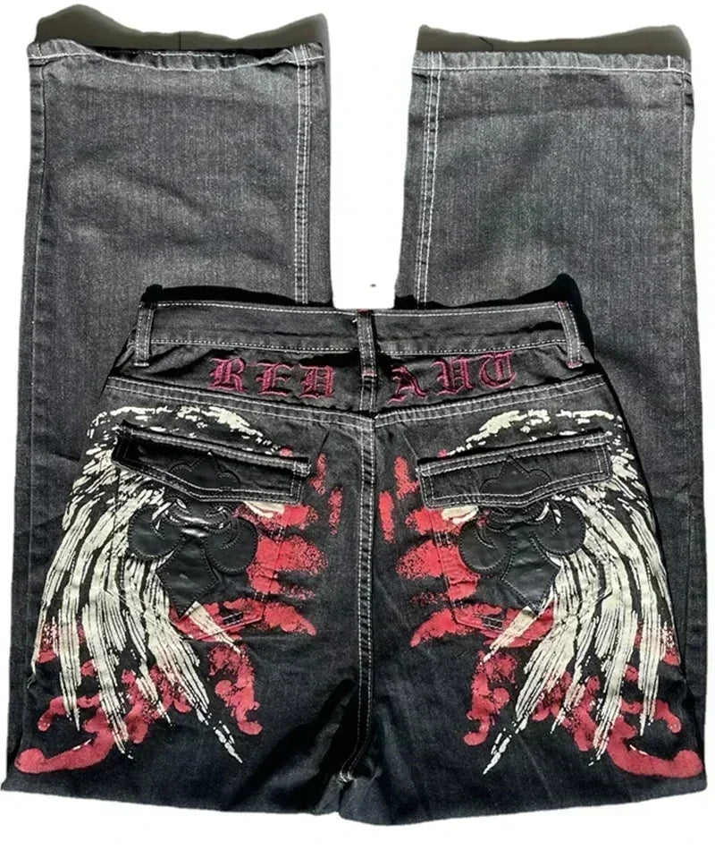 American Street Trend Letter Embroidered Loose Jeans Men Harajuku Y2K New Hip Hop Oversized Wide-leg Pants Unisex Mopping Jeans