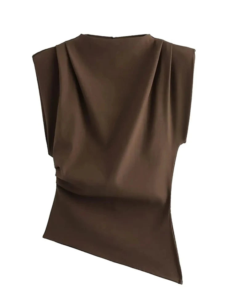Fashion Shoulderless Top European American Style Simple Pleated Decorative New Top