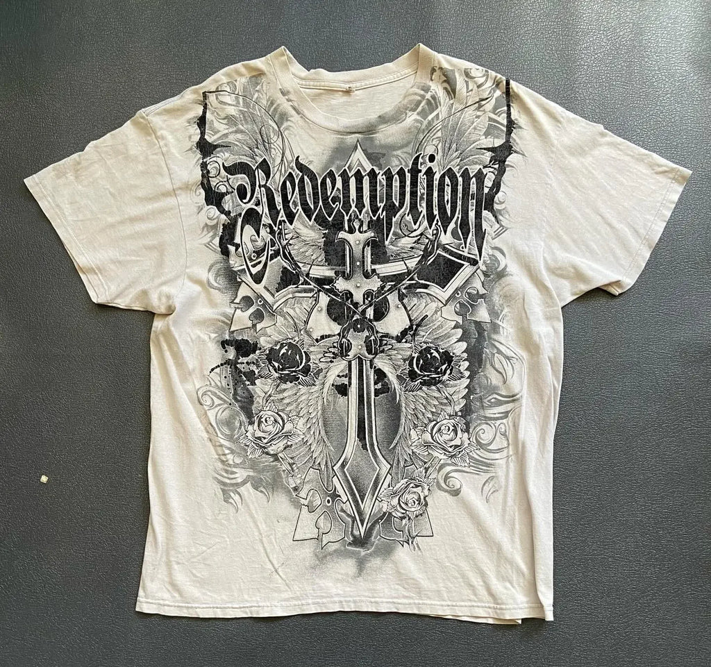 Gothic Vintage Distressed T-Shirt Two-in-One Skeleton Print Layered Top Y2K Retro Streetwear Loose Fit Harajuku Fashion Tee