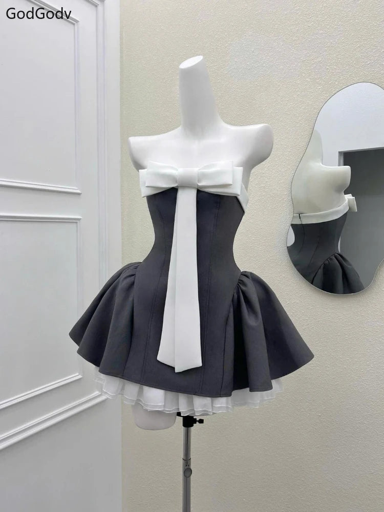 Summer New Vintage Elegant Woman Dress Strapless Bow Patchwork High Waist Puffy Mini Dress Female French Chic Sexy Outfits 2025