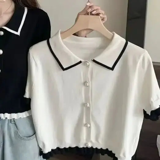 Sweet Women Shirt Korean Knitted Turn Down Collar Chic Short Sleeve Female Blouse Summer Retro Slim All Match Ladies Crop Tops