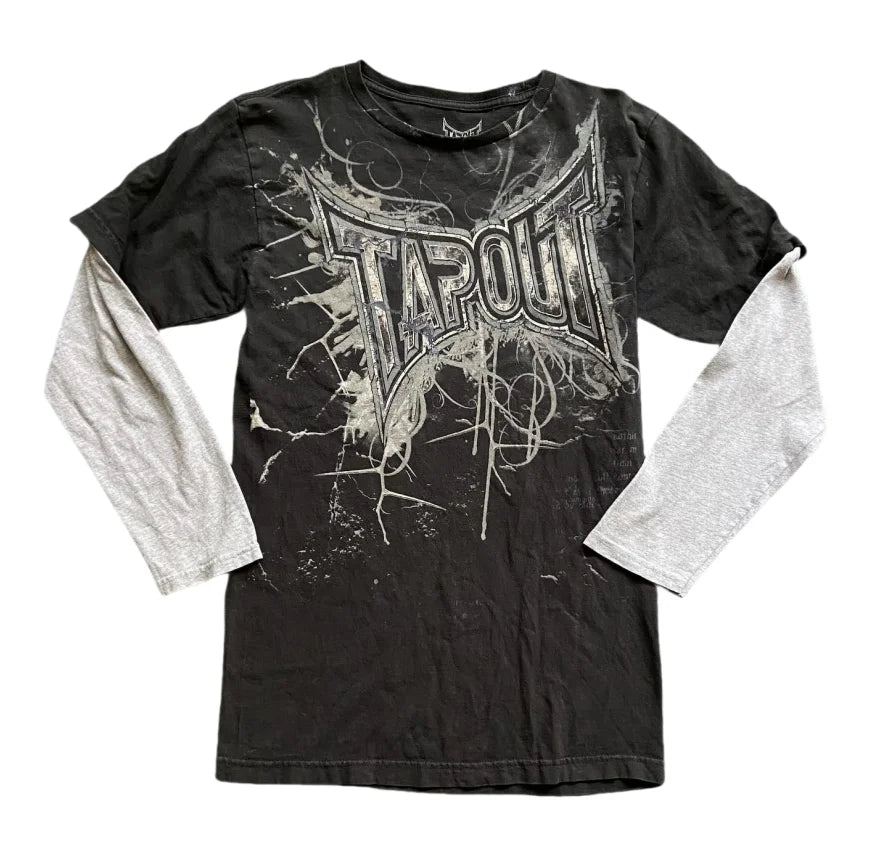 Gothic Vintage Distressed T-Shirt Two-in-One Skeleton Print Layered Top Y2K Retro Streetwear Loose Fit Harajuku Fashion Tee