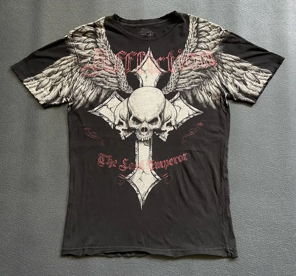 Gothic Vintage Distressed T-Shirt Two-in-One Skeleton Print Layered Top Y2K Retro Streetwear Loose Fit Harajuku Fashion Tee
