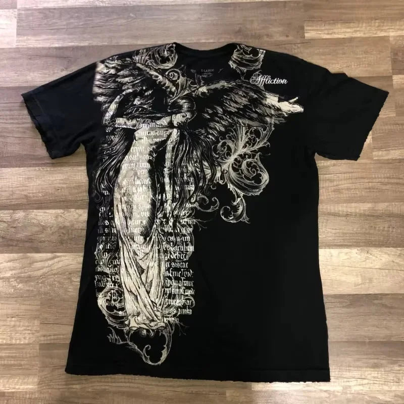 Gothic Vintage Distressed T-Shirt Two-in-One Skeleton Print Layered Top Y2K Retro Streetwear Loose Fit Harajuku Fashion Tee