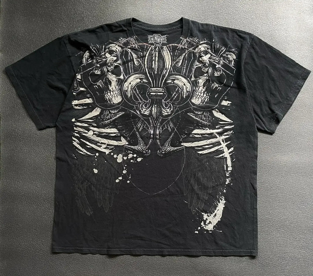 Gothic Vintage Distressed T-Shirt Two-in-One Skeleton Print Layered Top Y2K Retro Streetwear Loose Fit Harajuku Fashion Tee