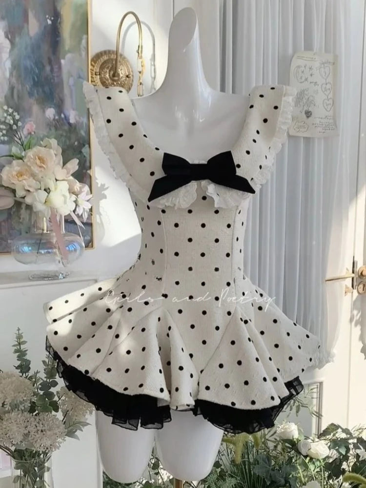 Summer New Vintage Elegant Woman Dress Strapless Bow Patchwork High Waist Puffy Mini Dress Female French Chic Sexy Outfits 2025