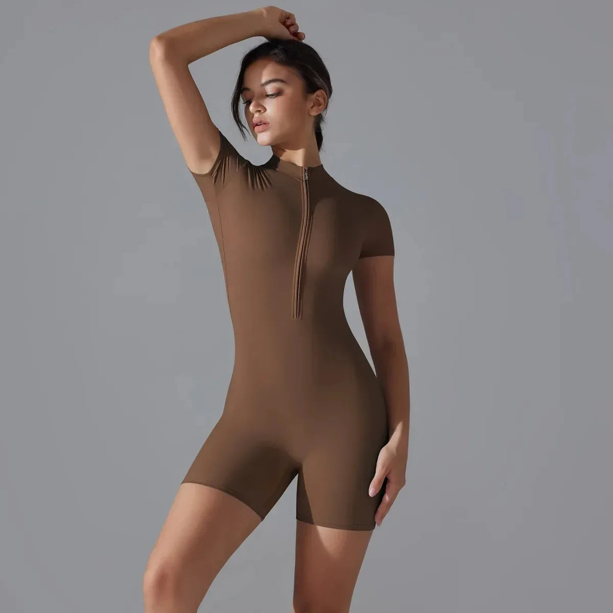 Yoga suit women's jumpsuit summer zipper short sleeved shorts yoga jumpsuit women's dance fitness tight fitting sports jumpsuit