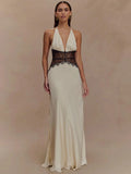 Mozision Summer Backless Sexy Maxi Dress Women Gown Patchwork Lace Halter Deep V Neck Sleeveless High Waist Elegant Long Dress