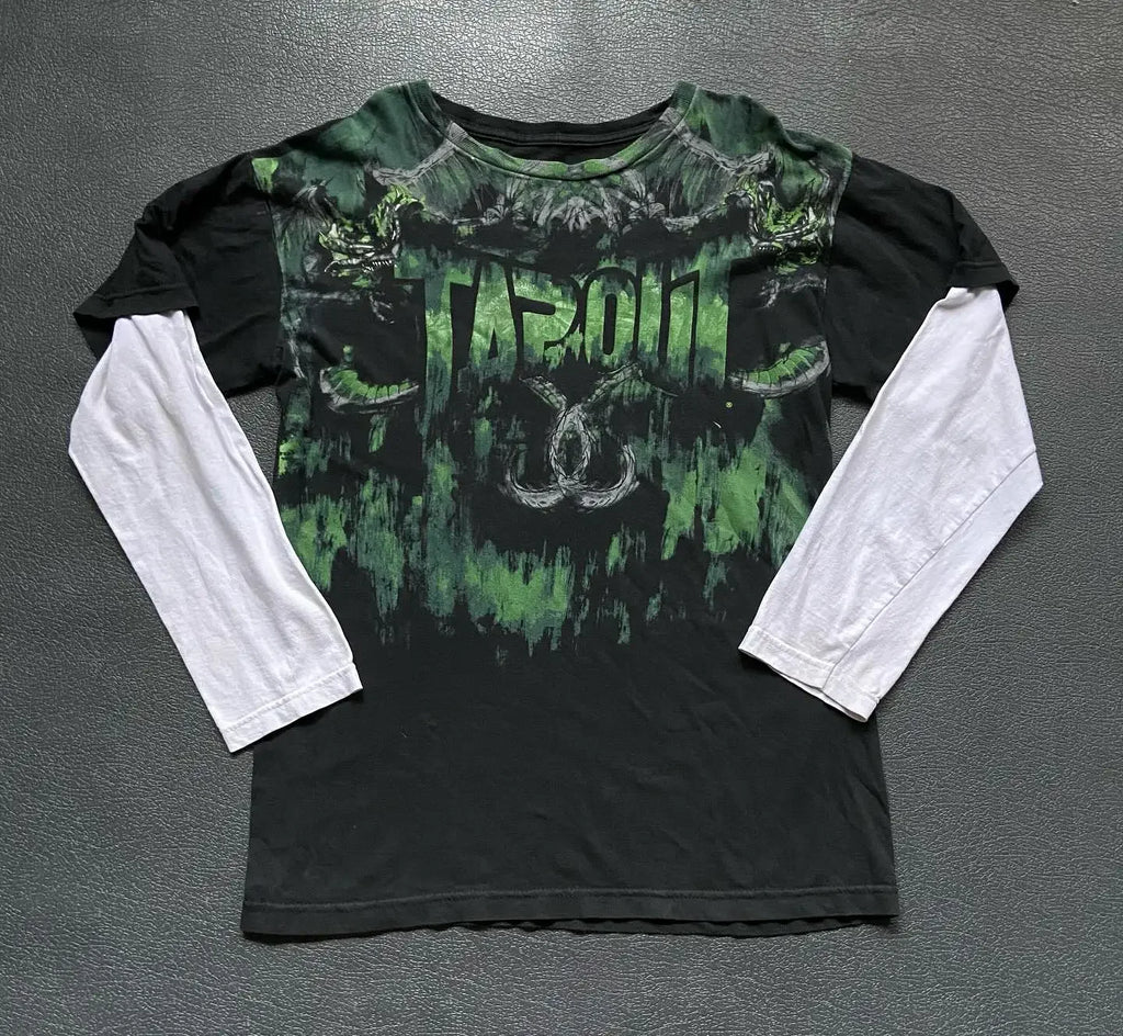 Gothic Vintage Distressed T-Shirt Two-in-One Skeleton Print Layered Top Y2K Retro Streetwear Loose Fit Harajuku Fashion Tee