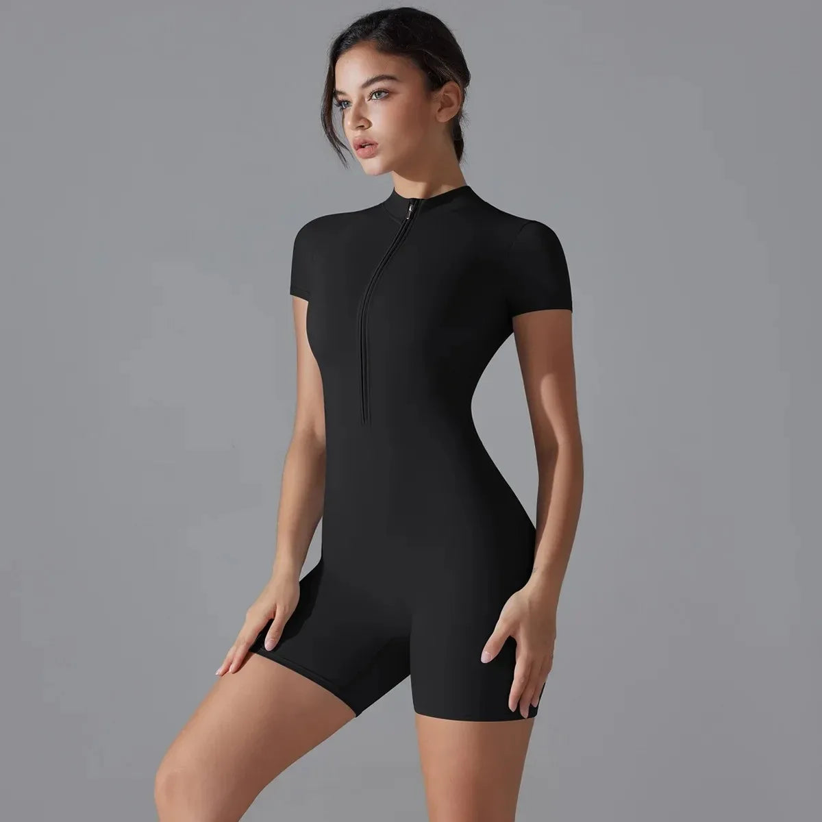 Yoga suit women's jumpsuit summer zipper short sleeved shorts yoga jumpsuit women's dance fitness tight fitting sports jumpsuit