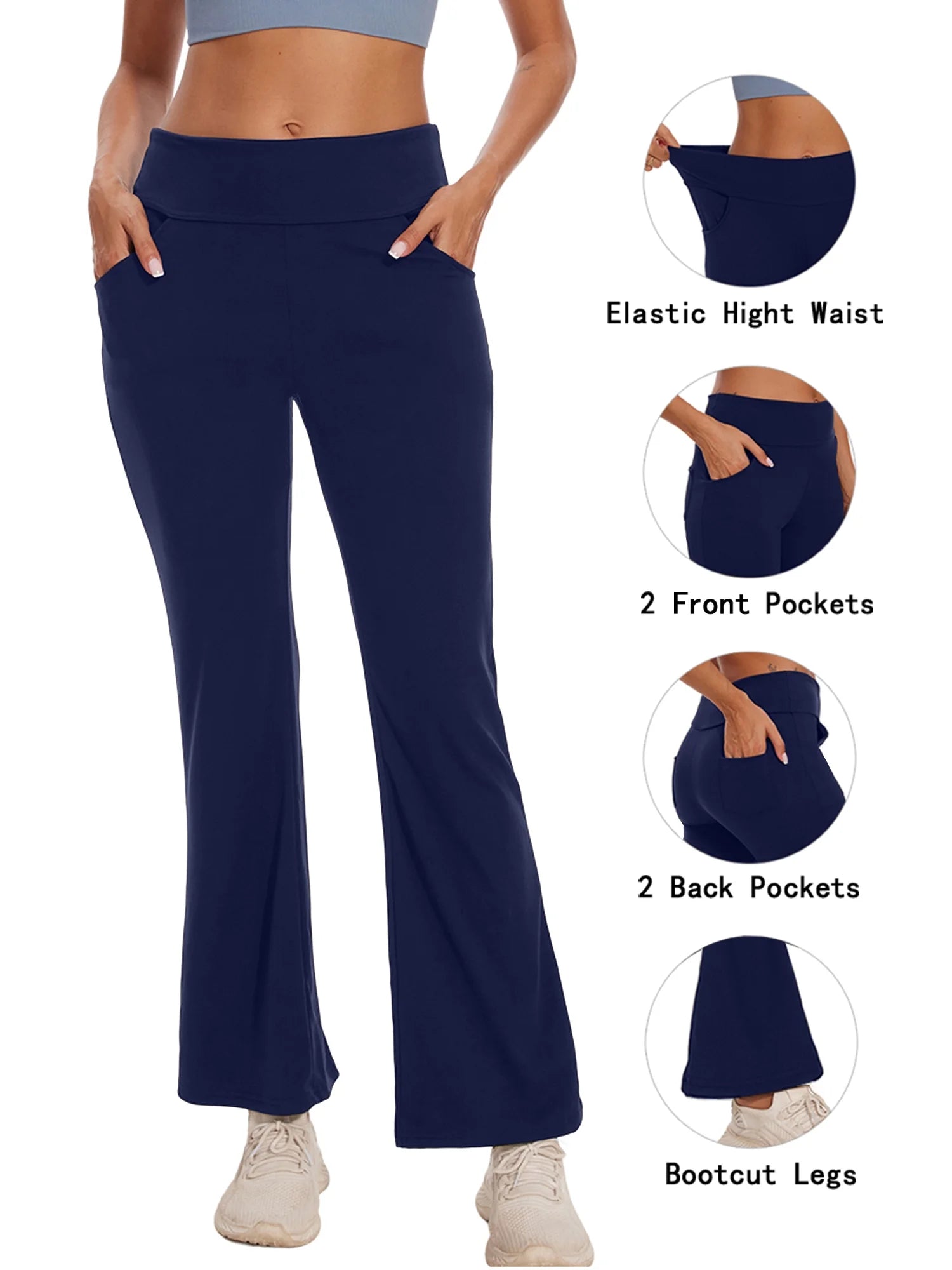 Womens Bootcut Yoga Pants Flare Workout Legging with Pockets High Waist Lightweight Bottoms Activewear Navy Blue 2XL
