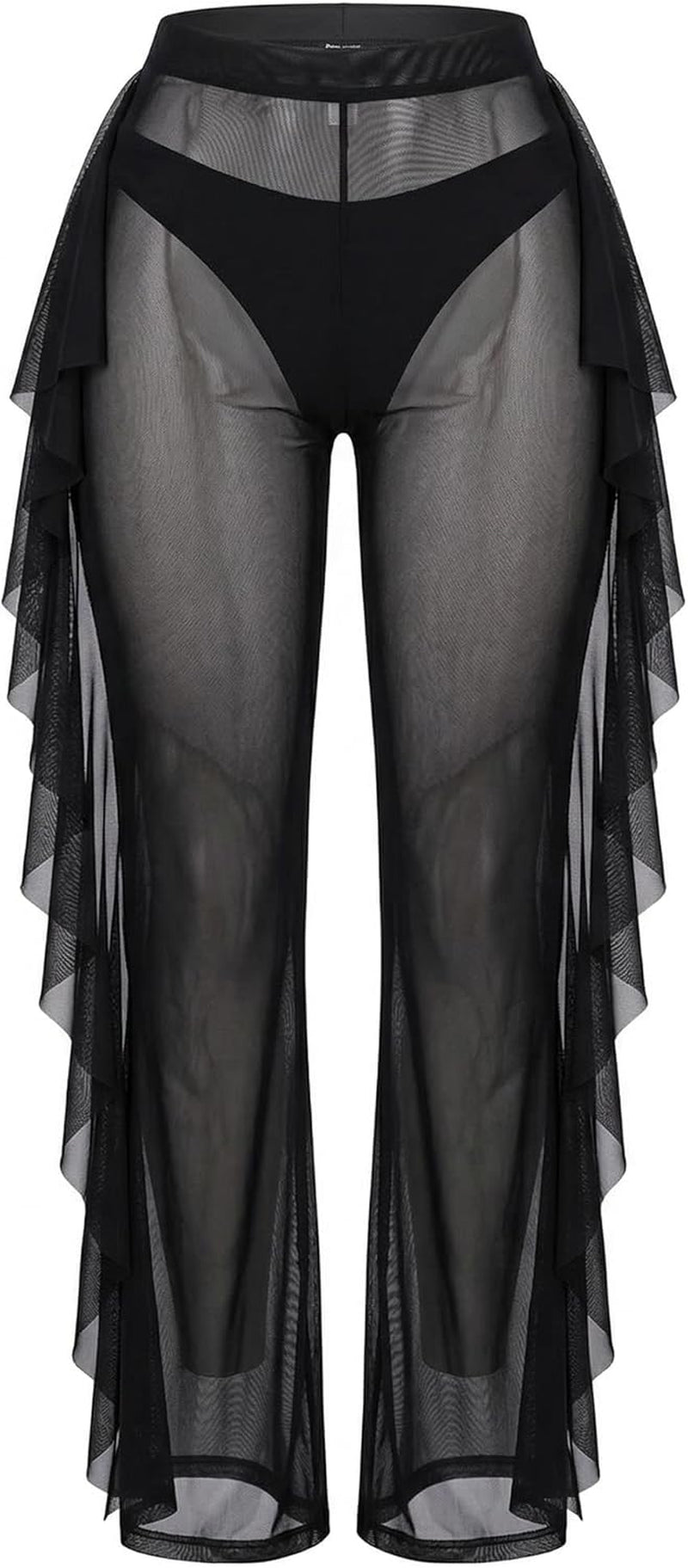 Women'S Sheer Mesh Ruffle Swimsuit Cover up Pants Black L